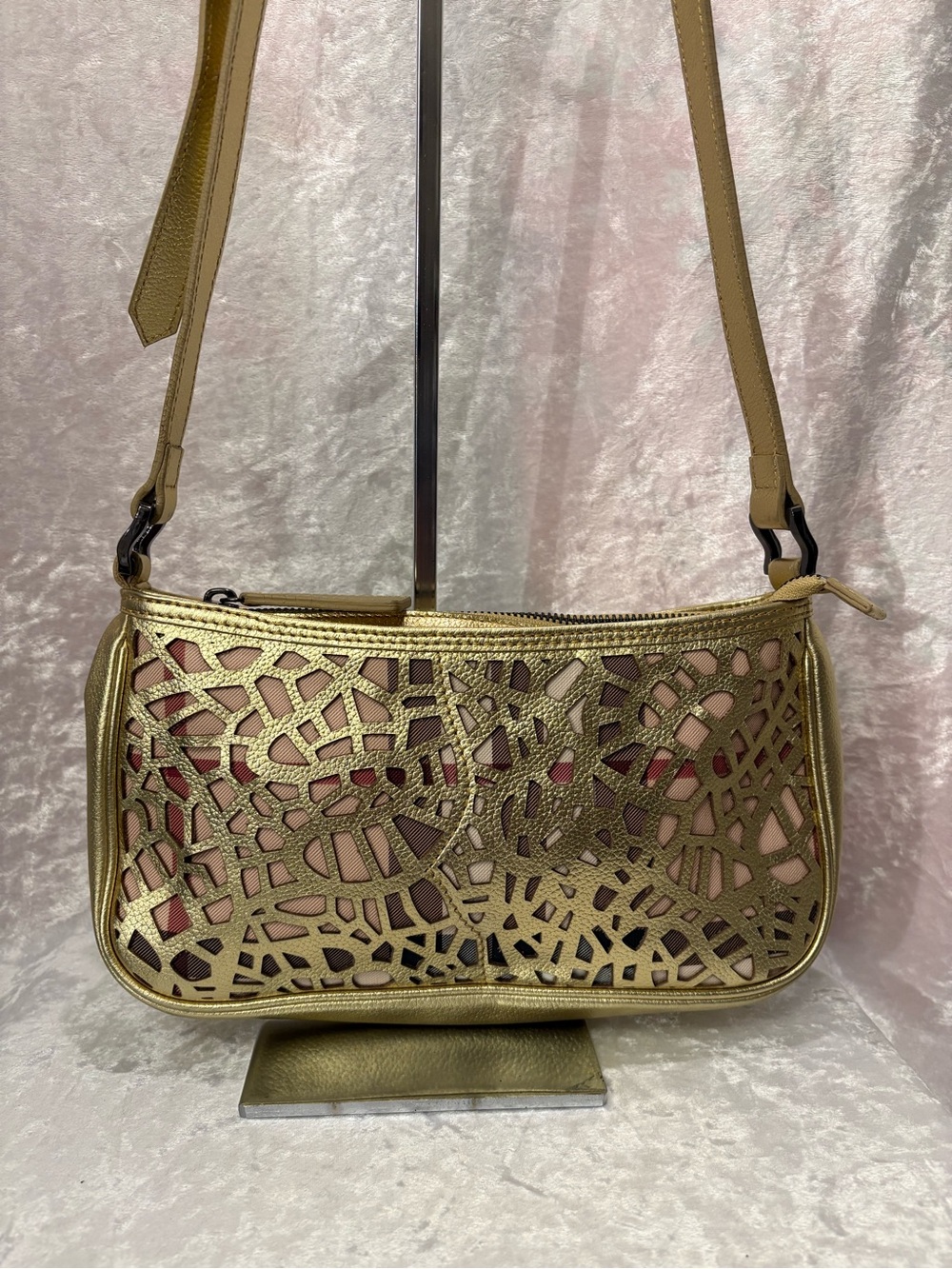 Burberry Metallic Gold Laser-cut Leather Shoulder Crossbody Bag COA